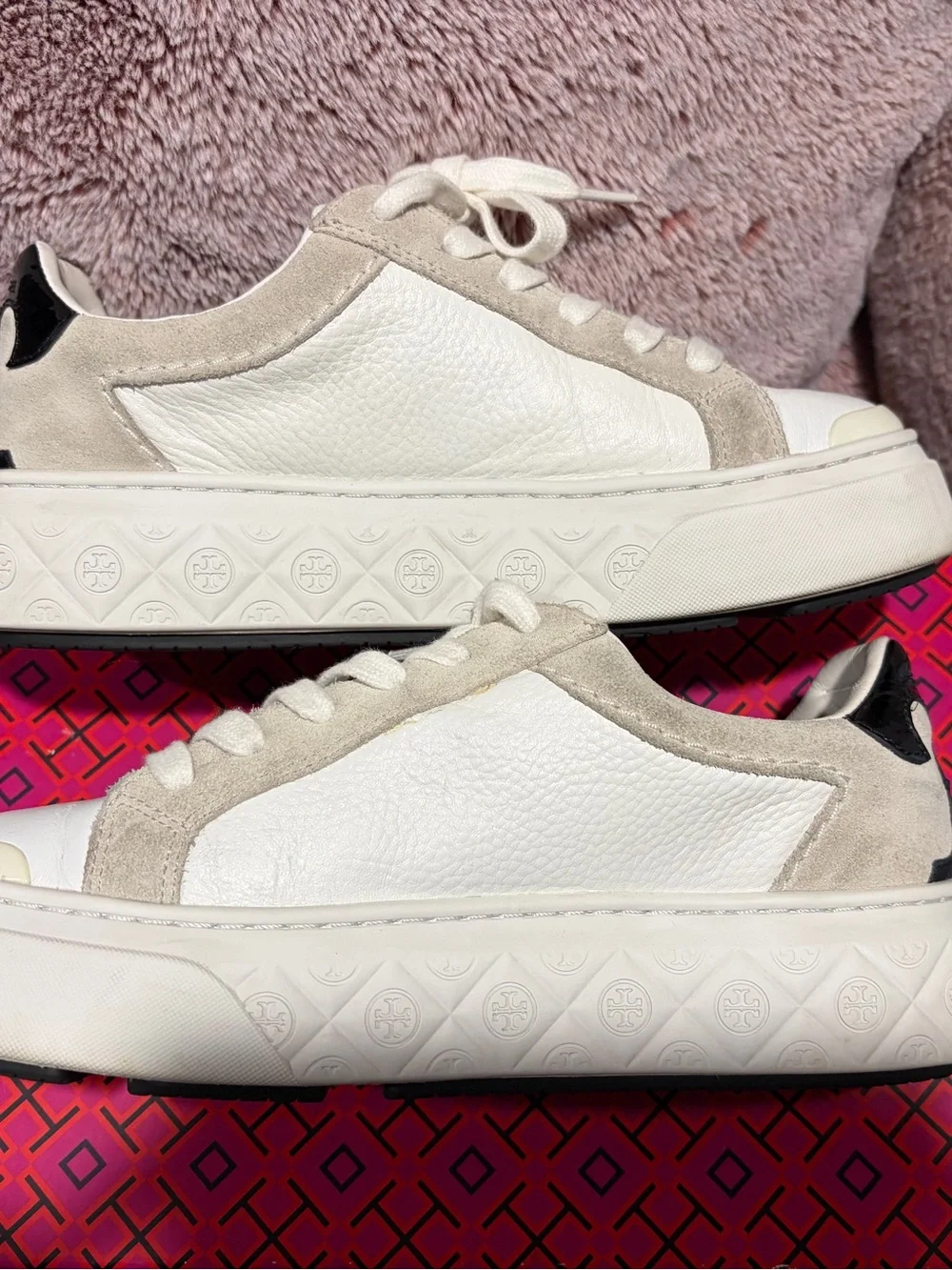Tory Burch White Platform Sneakers with Black Heel Detail